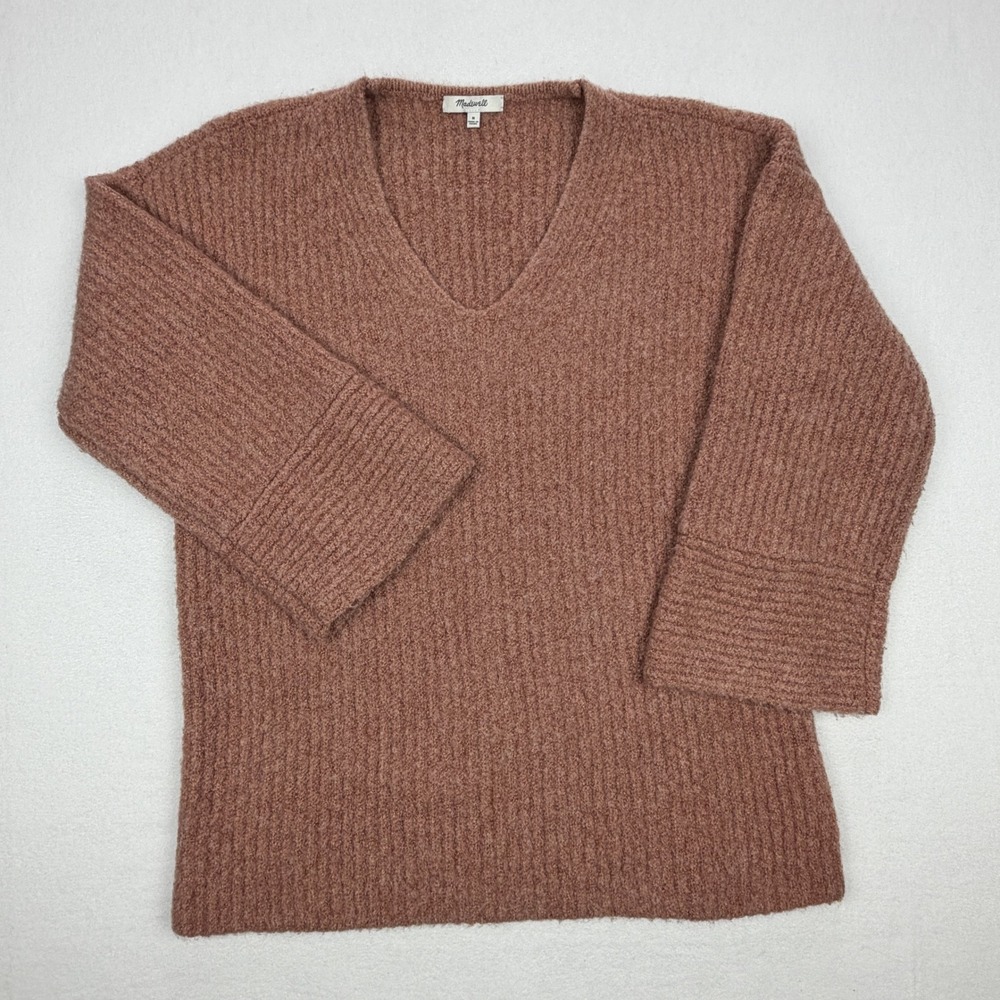 Madewell Womens V-Neck Ribbed Wool Blend Sweater Mauve Brown Size M